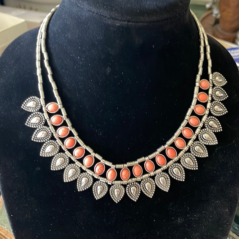 Salmon oval Cabochons with layers of silver toned beads light weight adjustable